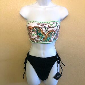 Zaful Strapless Bandeau Lace Up Back Top Crochet Cheeky Bottom Bikini Set Size M